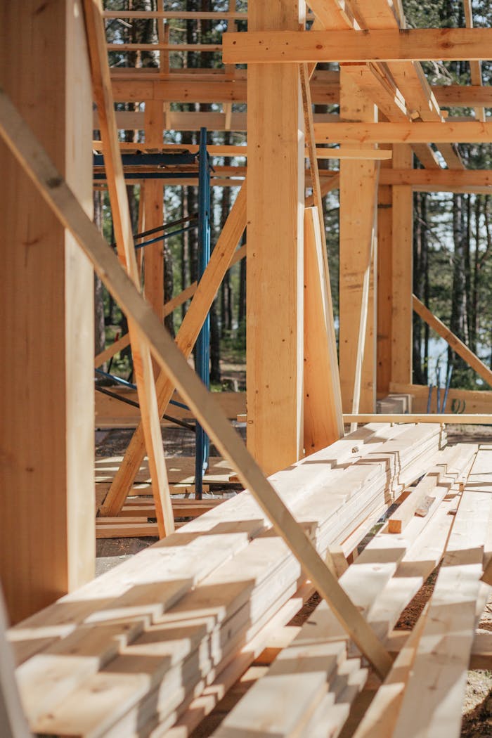 Sunlit construction site with wooden lumber arranged in rows. Perfect for building projects.